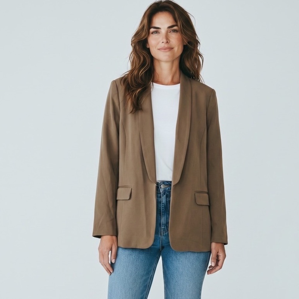 Tahari ASL Women Putty Brown Brushed Woven Open Front Blazer Jacket 16 Corporate